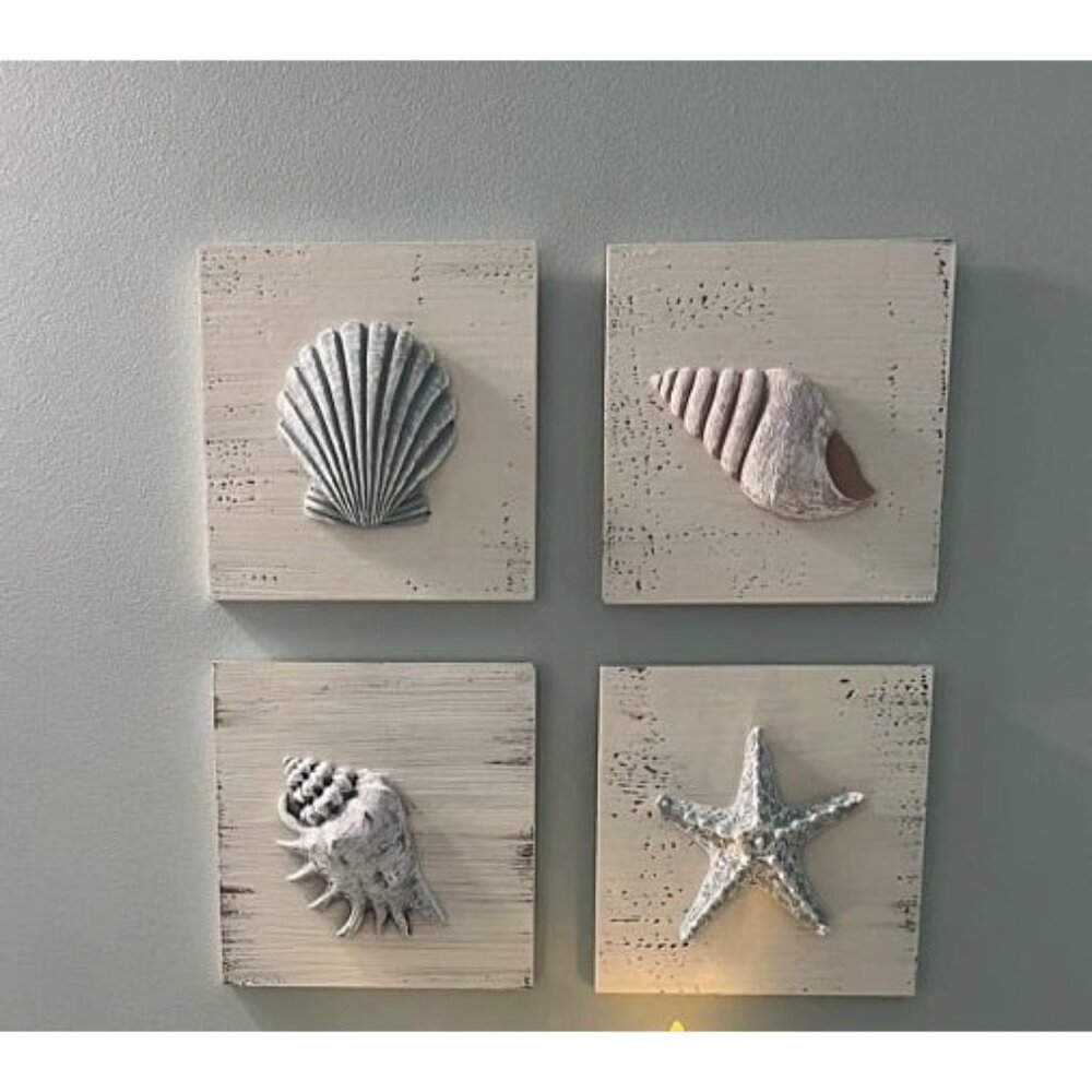 New Beach Decor Seashell Wall Art - (Set of 4) Textured 3D Shells - Picture 1 of 2